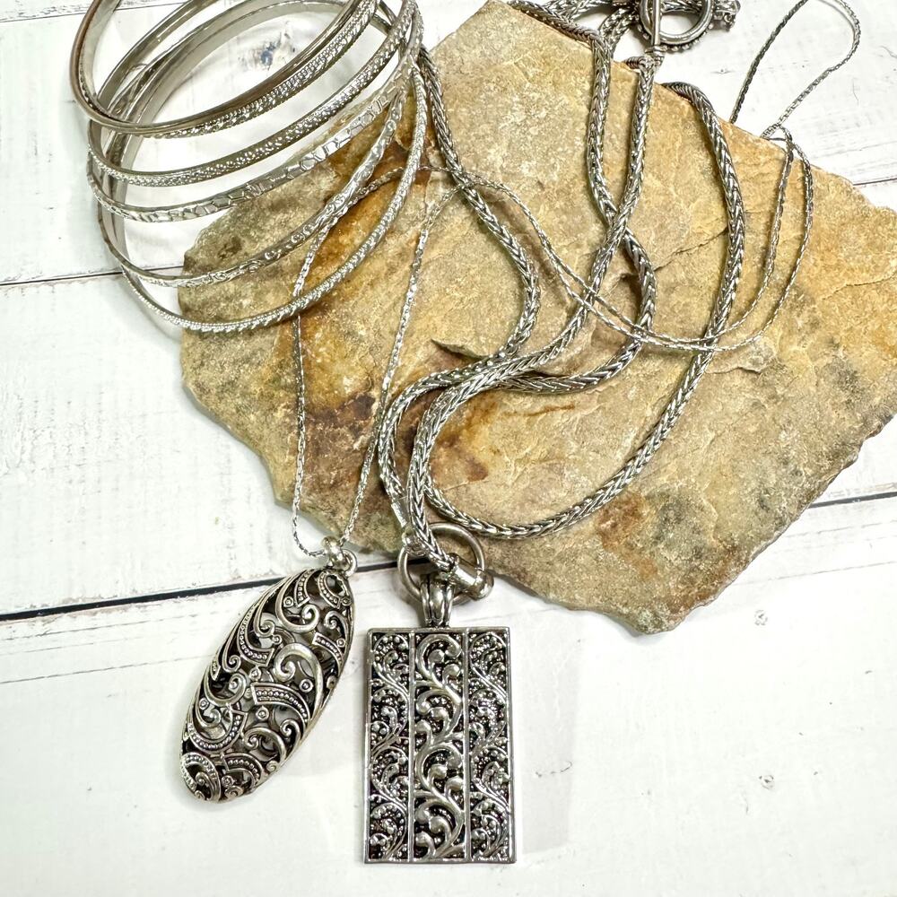 Silver Tone Filagree Jewelry Set 2 Necklaces 6 Bangle Bracelets Stacks Statement
